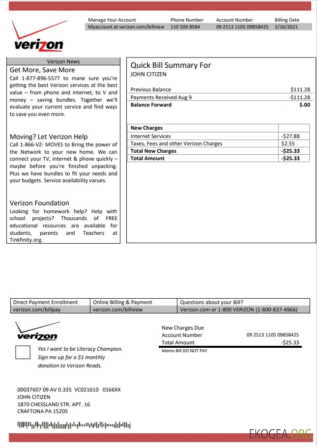 Usa Verizon utility bill template in word and pdf format template